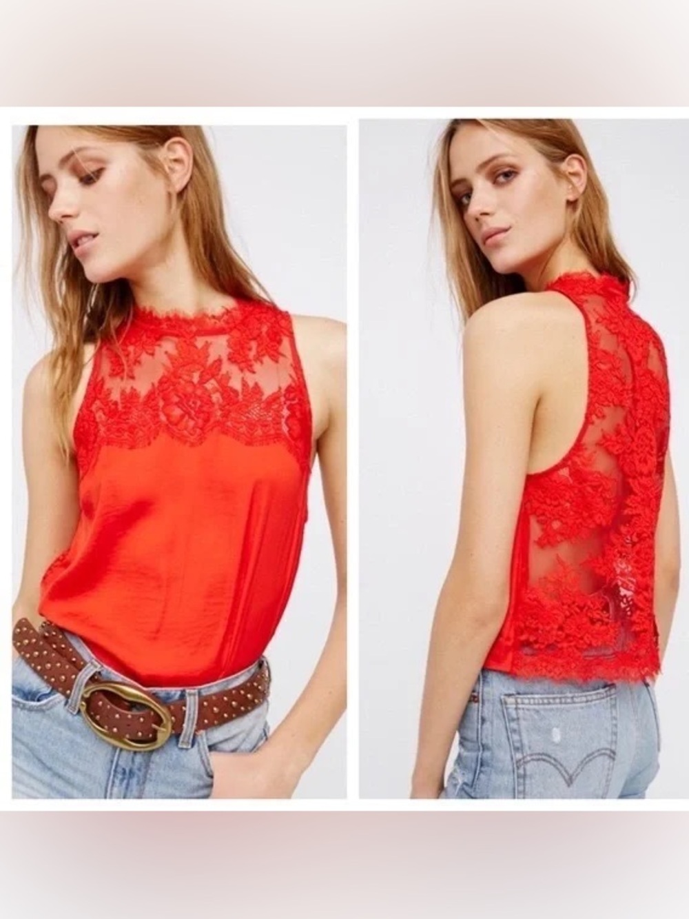 Free People Women’s Red Lace Yoke Sleeveless Top